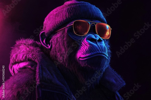 Neon portrait of gorilla rapper, gangsta monkey character. Generative AI