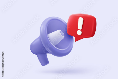 3d megaphone speaker or loudspeaker for announce. Comment reply is false, correct, problem, fail alert and announcement with speech bubbles. Speakerphone notice 3d icon vector render illustration