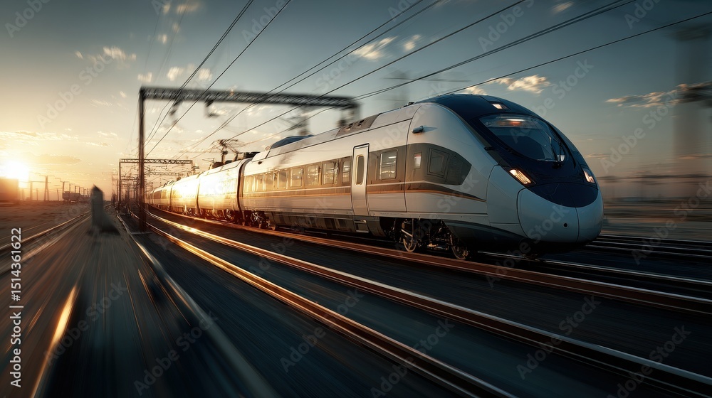 Fototapeta premium Fast-moving train traveling through a bustling city at night with bright lights creating a lively urban scene