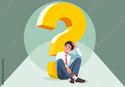 A young man sits confusedly next to a question mark.