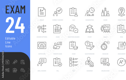 Exam Line Editable Icons set. Vector illustration in modern thin line style of education related icons: questionnaire, test results, answer, and more. Isolated on transparent background.