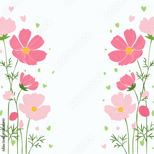 A symmetrical cosmos flower border with soft color and plenty of open space, great for stationery or spring branding.