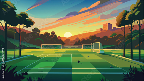 Green grass and trees frame a summer park sunset over a blue sky and distant mountains