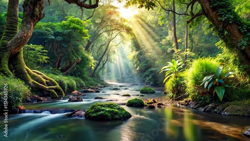 Tranquil stream flows through a lush green forest bathed in golden sunlight