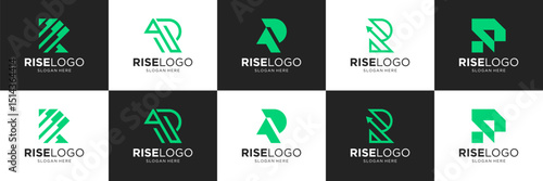 Set of letter R financial logos. Abstract rise logo with arrow icons usable for business, company and technology.