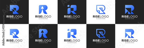Set of letter R financial logos. Abstract rise logo with arrow icons usable for business, company and technology.
