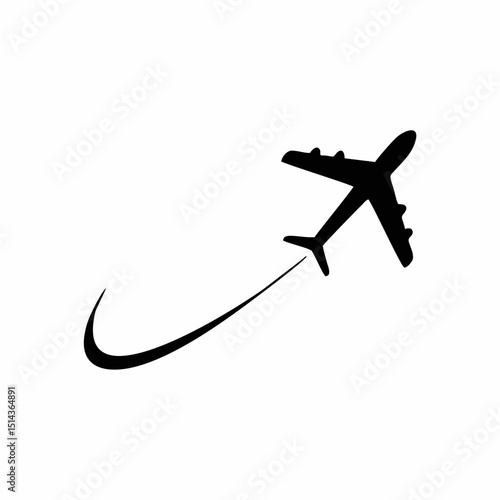  Airplane Flight Path Silhouette: Black Icon for Travel, Aviation, and Journey Concept.