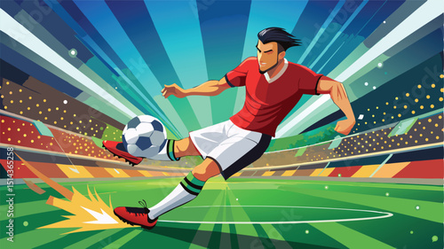An athletic soccer player in action, kicking a football on a green field during a competitive game, a dynamic sport illustration or silhouette