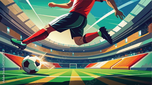 Action shot of a football player kicking the ball during a game on a green stadium field