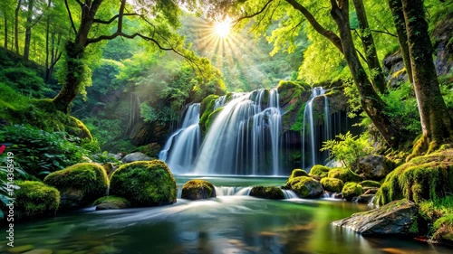 Tranquil waterfall cascading into a crystal-clear stream amidst a lush green forest in a sun-drenched landscape.