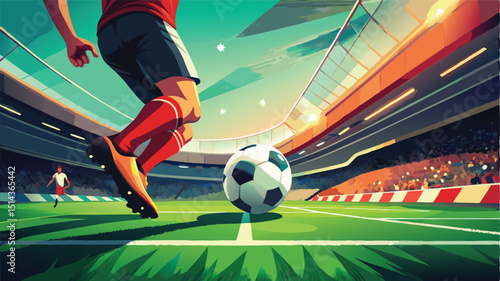 An athletic soccer player in action, kicking a football on a green field during a competitive game, a dynamic sport illustration or silhouette