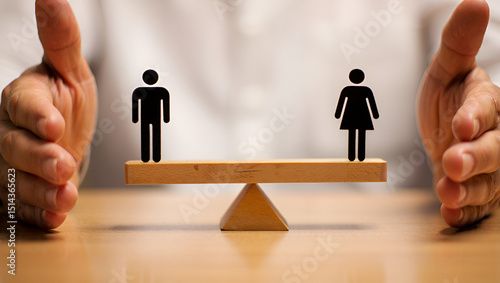 Balancing gender equality with man and woman symbols on a wooden seesaw with hands