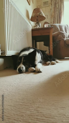 Black and white coated dog sleeping peacefully on carpet floor near the radiator inside cozy home with traditional lamp on small table.