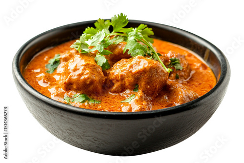 Delicious chicken tikka masala in a black bowl isolated on transparent PNG
