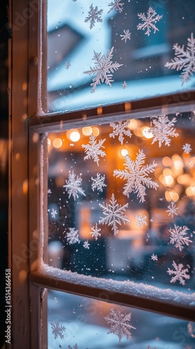 A cozy winter scene shows snowflakes on a window. Soft lights shine in the background creating a warm ambiance. Nature meets warmth in this serene moment. Generative AI