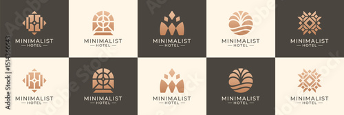 Minimalist elegant hotel logos set. geometric shape design elements usable for home vacation, hotel and spa resort.