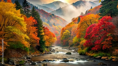 Tranquil Autumn River Flowing Through a Colorful Valley