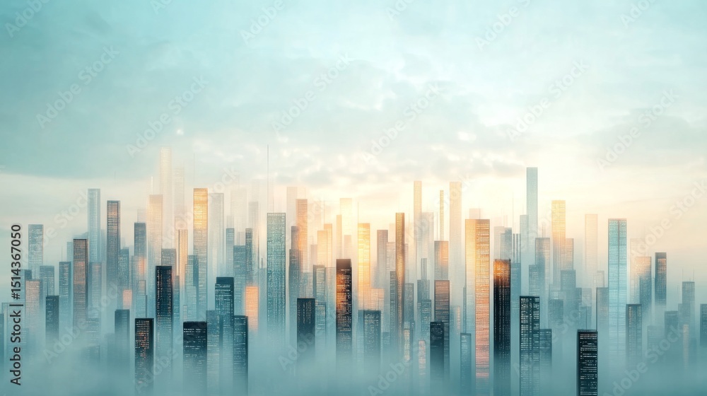 Fototapeta premium Futuristic Cityscape with Glowing Skyscrapers and Spacious Area for Banners, Vibrant Urban Environment, Innovative Design Elements