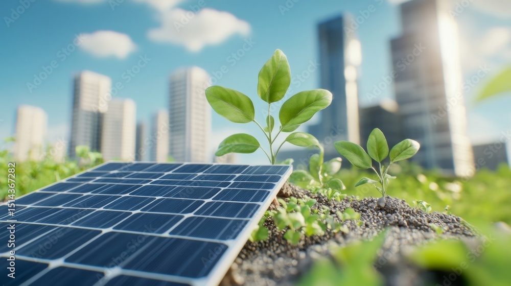 Fototapeta premium Solar Power Harmony, serene outdoor landscape showcasing solar panels amidst lush greenery, ideal for environmental themes and sustainability messages