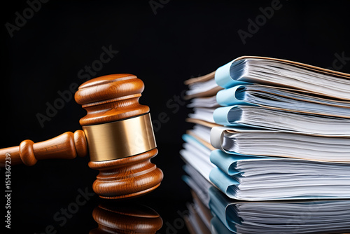 Gavel and stack of legal documents on a reflective surface against a dark background