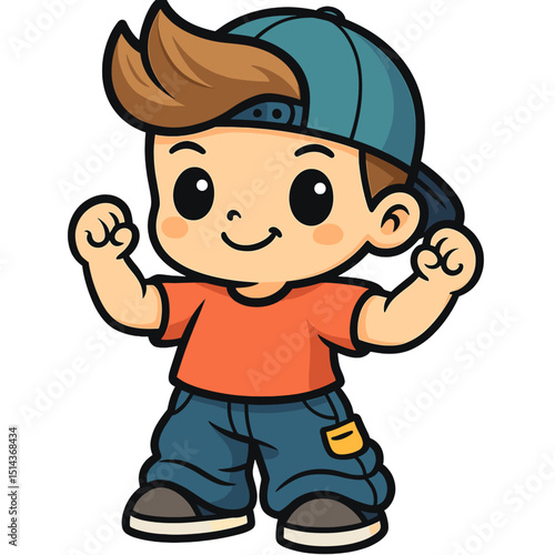 Cute Chibi Kawaii 90s Style Guy Flexing in Baggy Jeans and Backwards Cap – Cute Cartoon Character