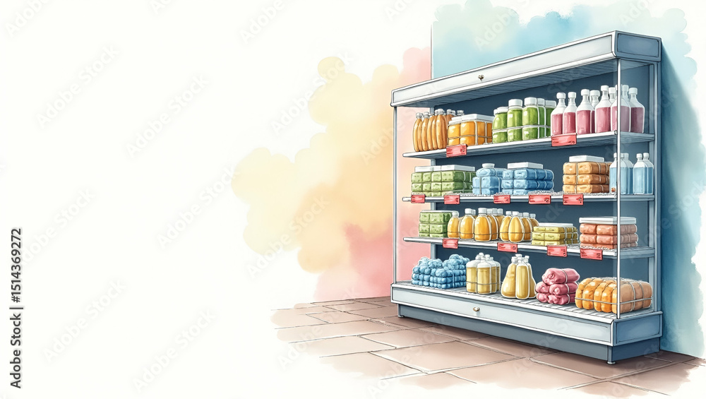 Obraz premium Professional stock photograph of a supermarket shelf highlighting product price increases in USA markets, featuring visible price labels, economic trend charts, and empty space on the left.