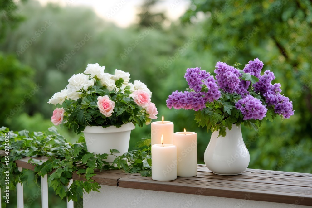 Obraz premium Lilac and roses decorating balcony with burning candles during summer evening