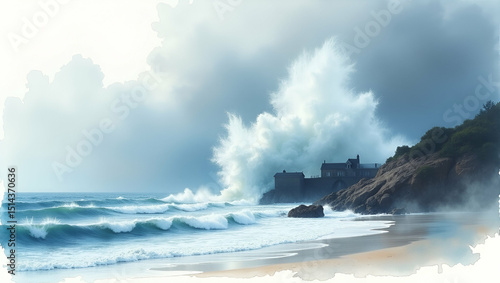 High Impact Photography: Capturing the Tragic Moment of a Giant Wave Collapsing on Coastal Structures Under a Gloomy Horizon - Stock Photo Concept with Empty Space for Text