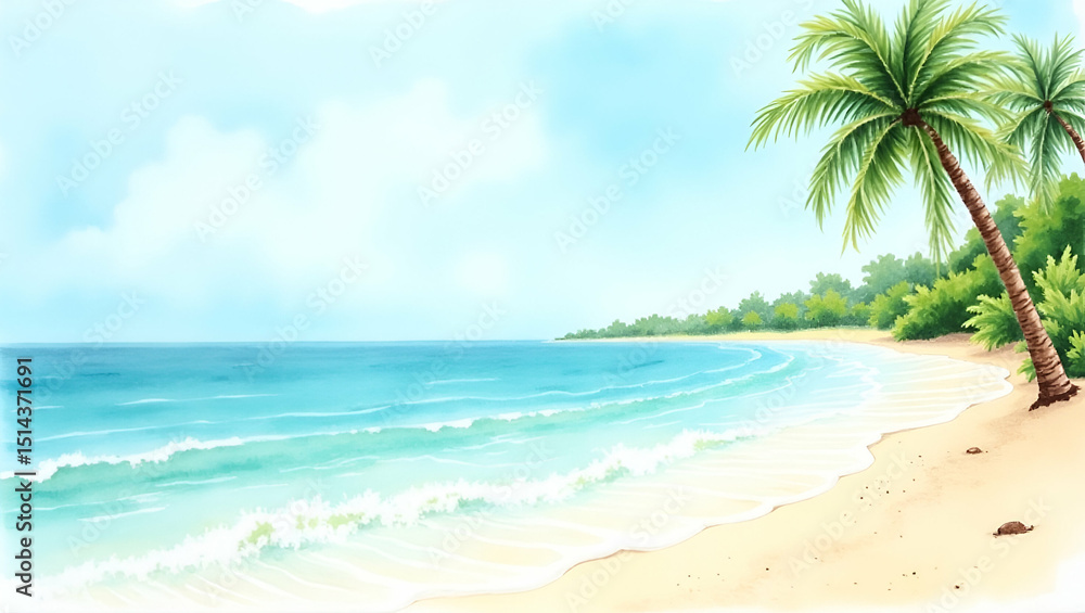 Naklejka premium Tropical Paradise: Serene Coconut Beach with Swaying Palms, Crystal Waters, and Soft Sands - Perfect for Leisure and Relaxation