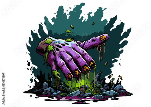 Decaying Zombie Hand Emerging from the Grave Spooky Halloween Illustration