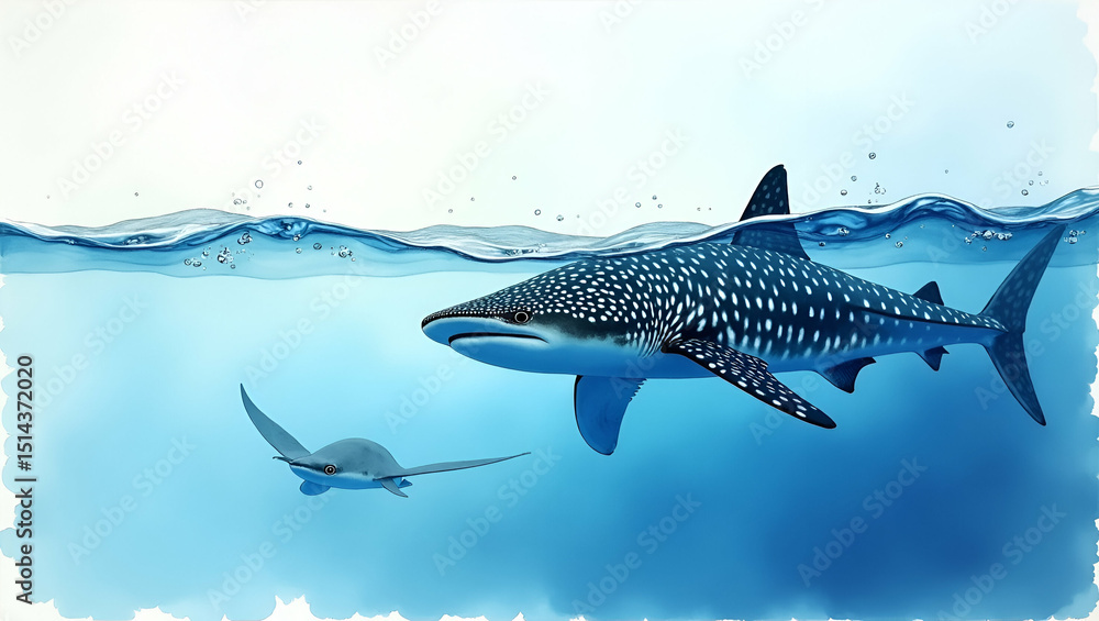 Naklejka premium Stunning Ocean Freediving Imagery: No Tank Dives with Whale Sharks, Manta Rays, Bubble Rings & Reflective Dusk Surfaces - Perfect for Photo Stock Concept with Space