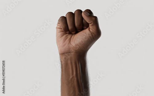  The clenched fist of a Black man is raised, centered against a plain grey background. 