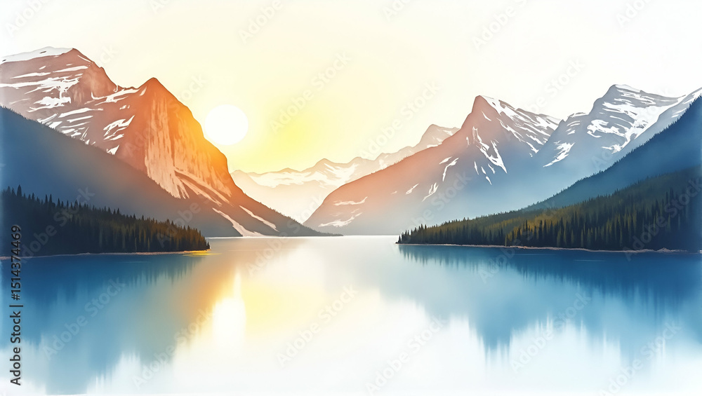 Naklejka premium Golden Sunrise Illuminating Snow-Capped Mountain Range Reflected on Crystal Lake - Breathtaking Landscape Stock Photo with Empty Space for Text on Left Side