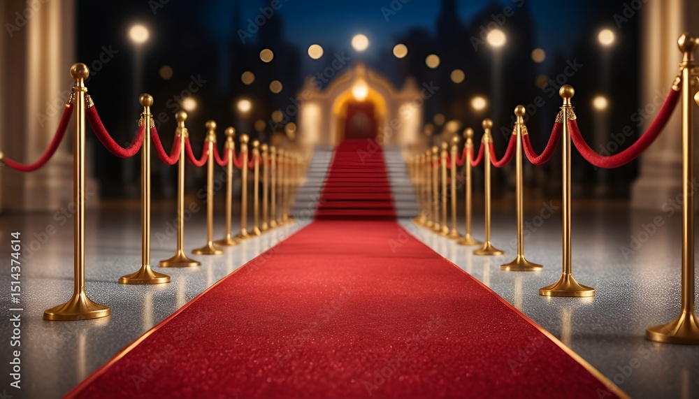 A plush red carpet is lined with gold stanchions, leading towards a brightly lit structure. A plush red carpet is lined with gold stanchions, leading towards a brightly lit structure.
