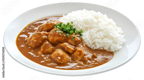 A plate of chicken curry with rice and garnish on a white plate in a close up studio shot view isolated on transparent background