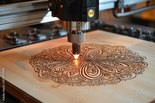 Laser cutter engraving intricate pattern on wooden board.
