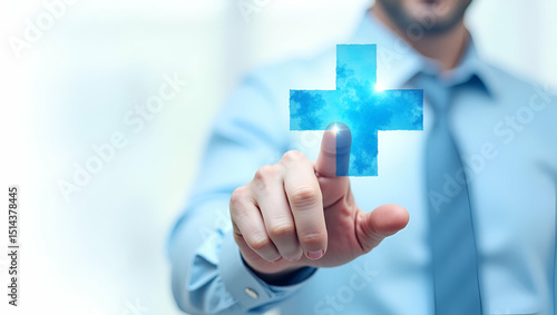 Wallpaper Mural Businessman Engaging with Virtual Blue Plus Sign: Symbolizing Positive Mindset in Healthcare Insurance and Mental Health Rejuvenation - Empty Space for Text Torontodigital.ca