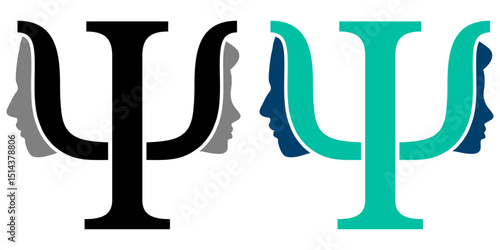 Psychology concept icon vector with stylized psi symbols and human profiles. Ideal for mental health, cognitive science, psychological services, therapy, or educational illustration use.
