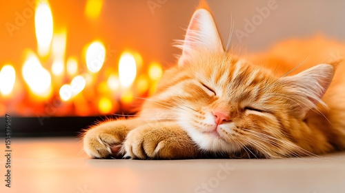 A ginger cat naps peacefully on a floor,  eyes closed, in front of a warm, out-of-focus candlelight background