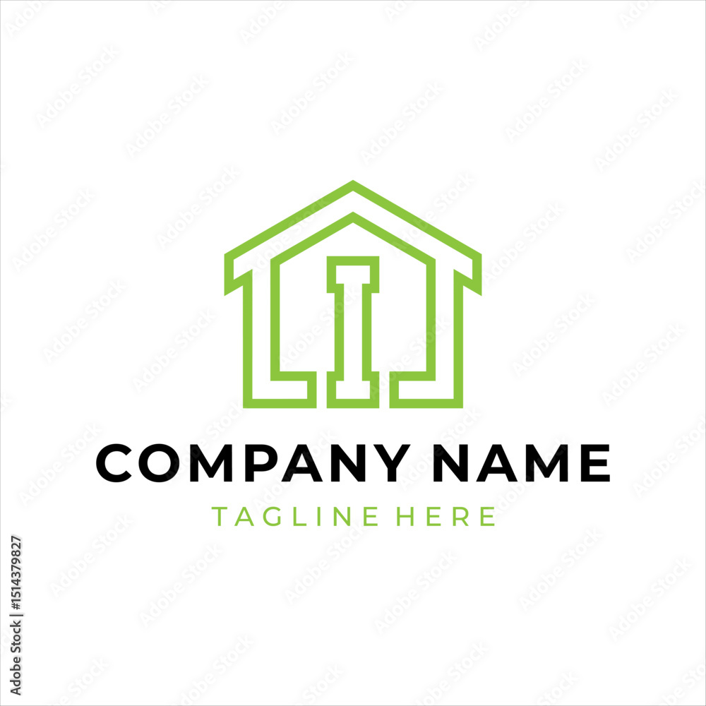 The logo design combines the letter i and a house, using the color green. The logo design combines the letter i and a house, using the color green.