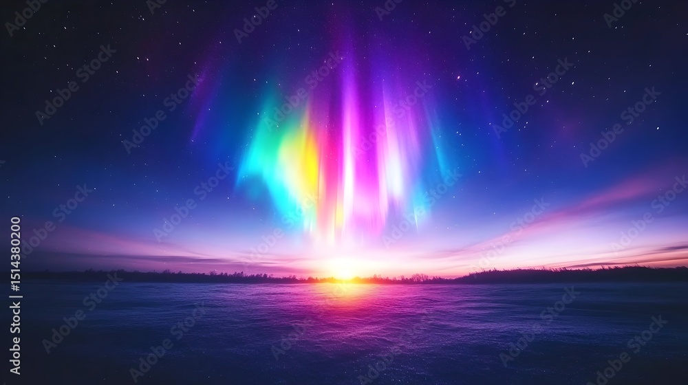 Vibrant aurora borealis display at sunset over a still, frozen lake under a starry night sky Vibrant aurora borealis display at sunset over a still, frozen lake under a starry night sky