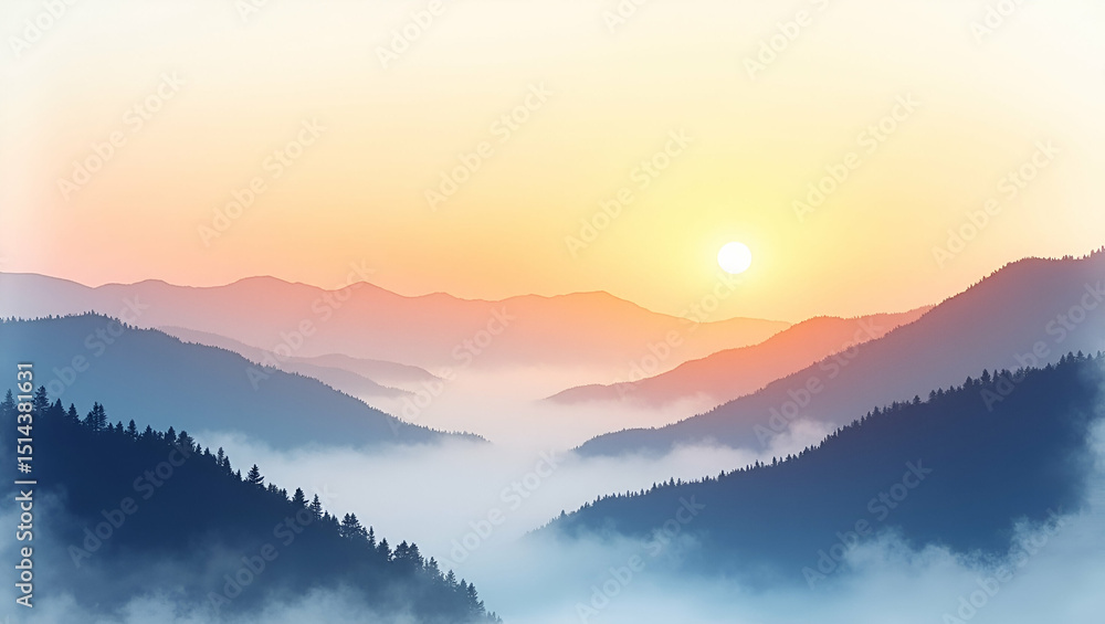 Fototapeta premium dramatic sunrise casting golden light over layered mountain ridges with mist settling in valleys captured in panoramic sunrise over ridges stock photograph in Photo Stock Concept and empty space on