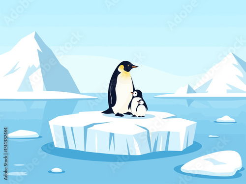 South pole wildlife flat vector illustration Emperor penguins family on cracked iceberg