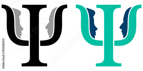 Psychology concept icon vector with stylized psi symbols and human profiles. Ideal for mental health, cognitive science, psychological services, therapy, or educational illustration use.