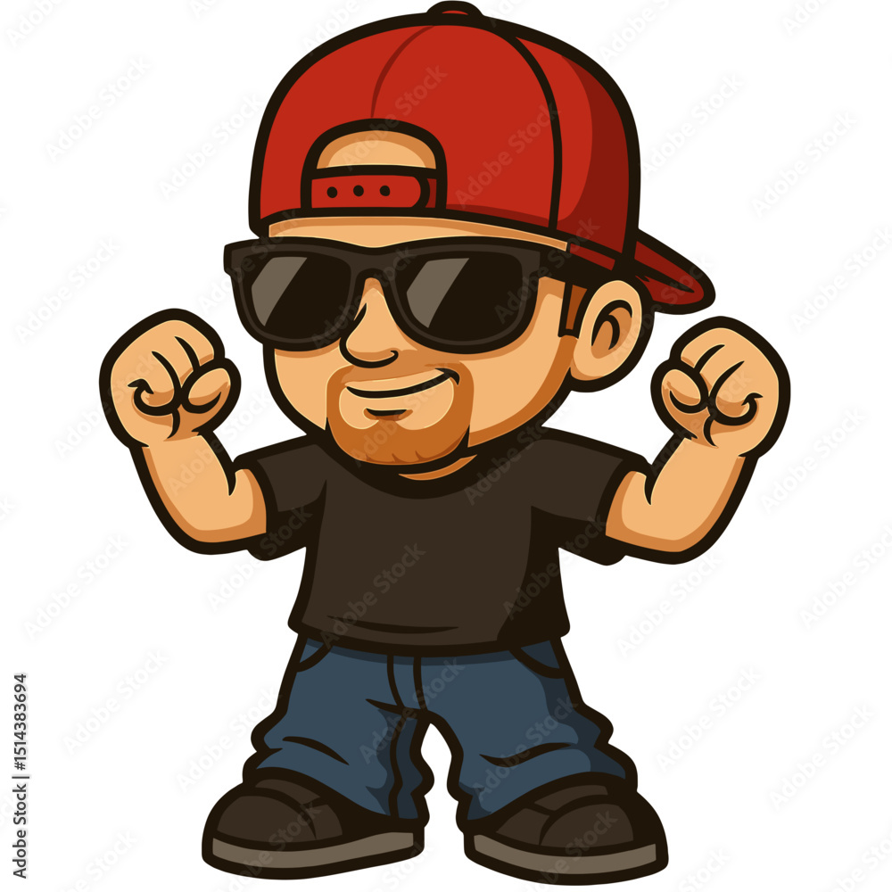 Cool Cartoon Character in Sunglasses with Red Baseball Cap and Baggy Jeans like the 90's Style – Vector Illustration Flexing in Happiness but still Chill Cool Cartoon Character in Sunglasses with Red Baseball Cap and Baggy Jeans like the 90's Style – Vector Illustration Flexing in Happiness but still Chill