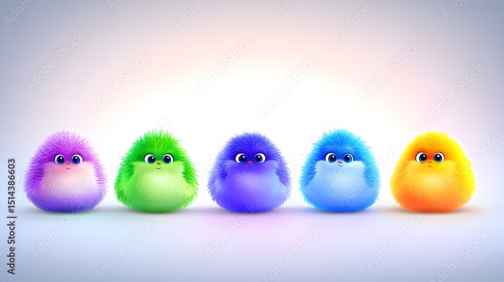 Five fluffy, colorful, cartoon birds in a row against a light background. Each bird is a different pastel color Five fluffy, colorful, cartoon birds in a row against a light background. Each bird is a different pastel color