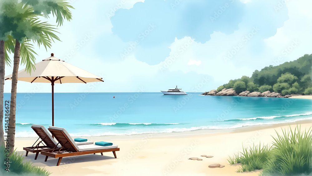 Obraz premium Professional composition illustrating private beach estate featuring secluded shoreline chaise lounges discreet access path and distant yacht under calm sea conditions in Photo Stock Concept and em