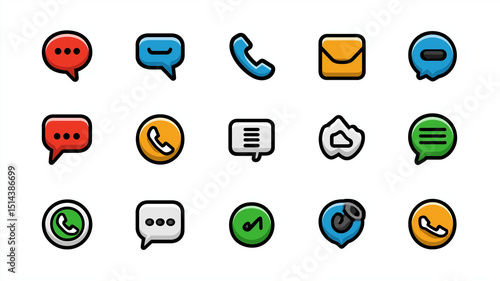 Collection of communication icons including chat bubbles, phone symbols, and message envelopes, representing various forms of messaging and interaction. These icons convey connectivity