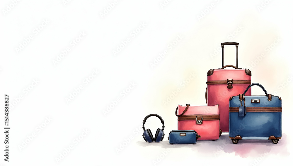 Fototapeta premium High definition visual showcasing high end travel essentials including designer luggage collections luxury toiletry kits noise canceling headphones and portable power stations for discerning travelers