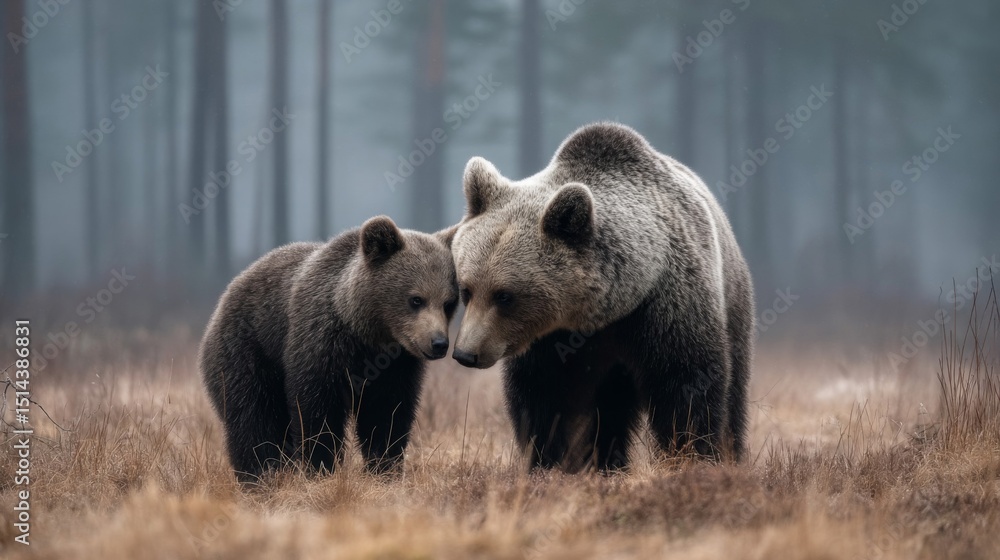 Fototapeta premium Brown Bear and Cub in Misty Forest